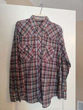 Van Cort Pearl Snap Shirt Plaid Gold Metallic Western Large L Lg Vintage 70s